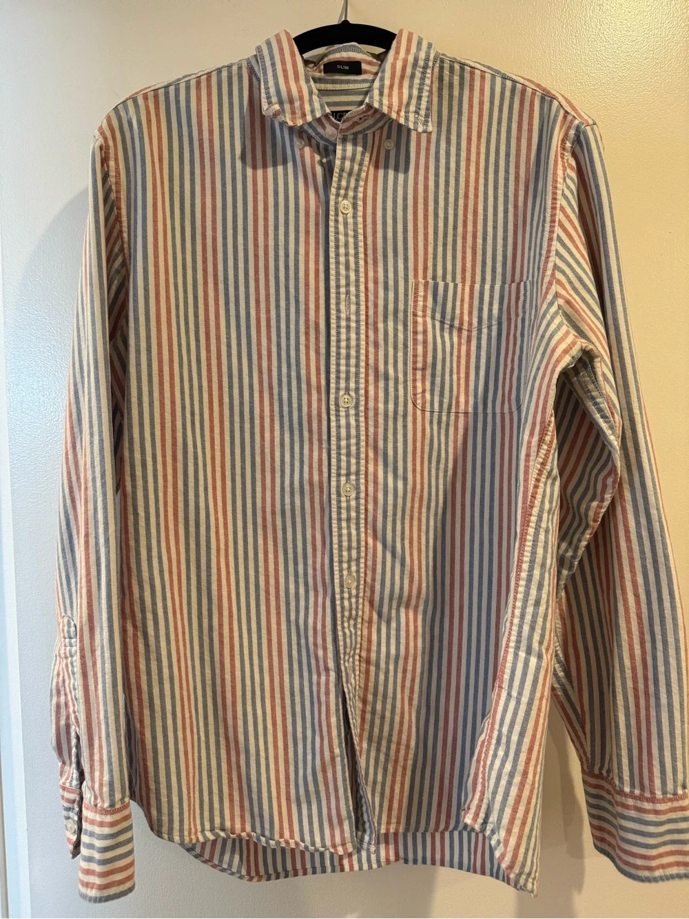 J. Crew Men's Long-Sleeve Striped Button-Down in Blue, Red & Cream